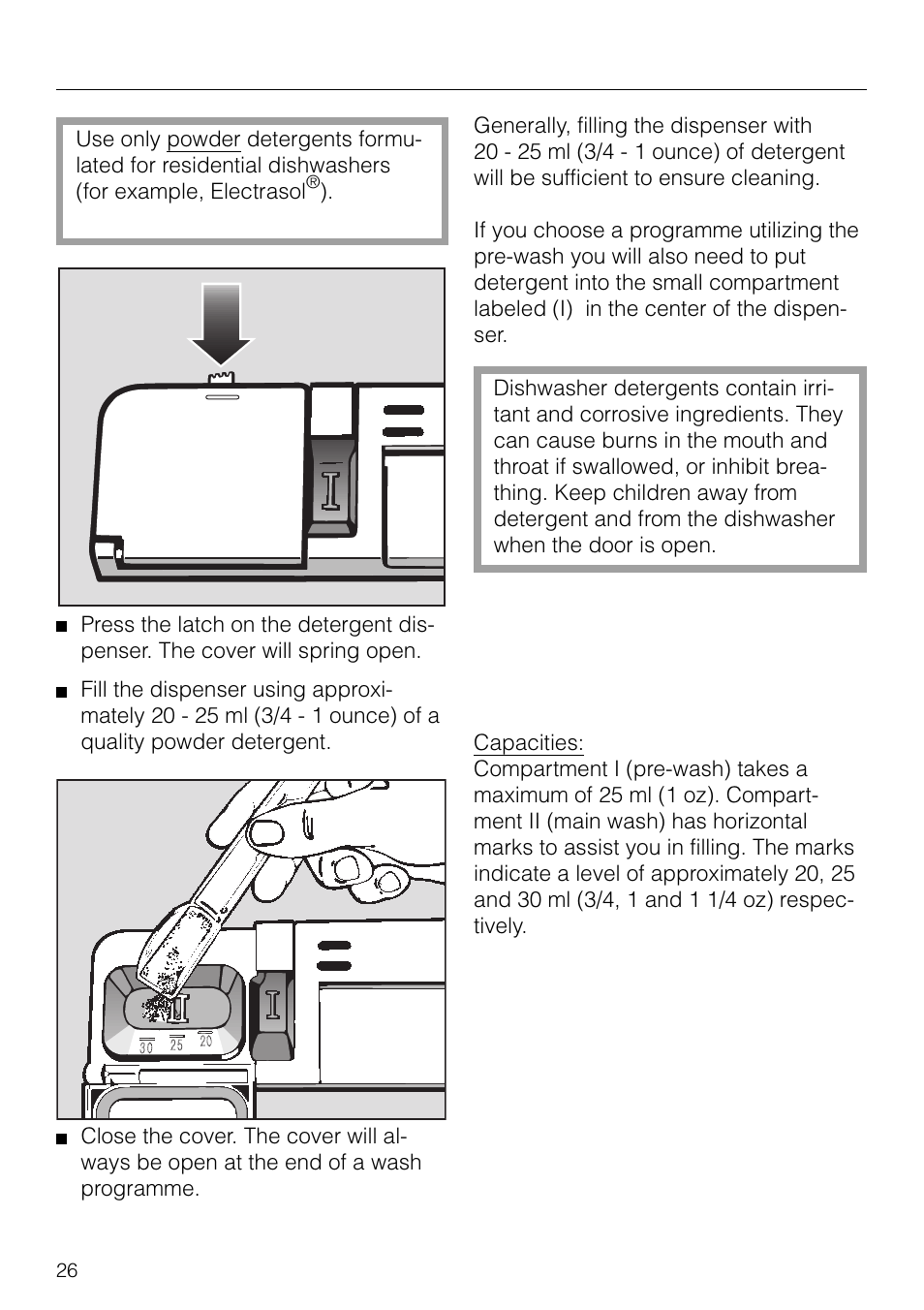 Adding detergent 26, Adding detergent | Miele G 879 SCVI User Manual | Page 26 / 76