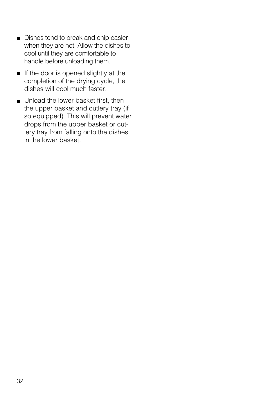 Unloading the dishwasher 32, Unloading the dishwasher | Miele G 879 SCVI User Manual | Page 32 / 76