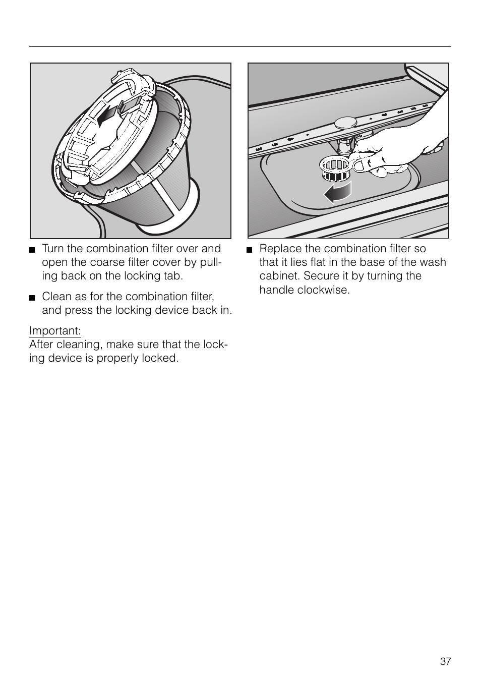 Cleaning and care 36, Cleaning the filters in the wash cabinet. 36, Cleaning and care | Cleaning the filters in the wash cabinet | Miele G 879 SCVI User Manual | Page 37 / 76