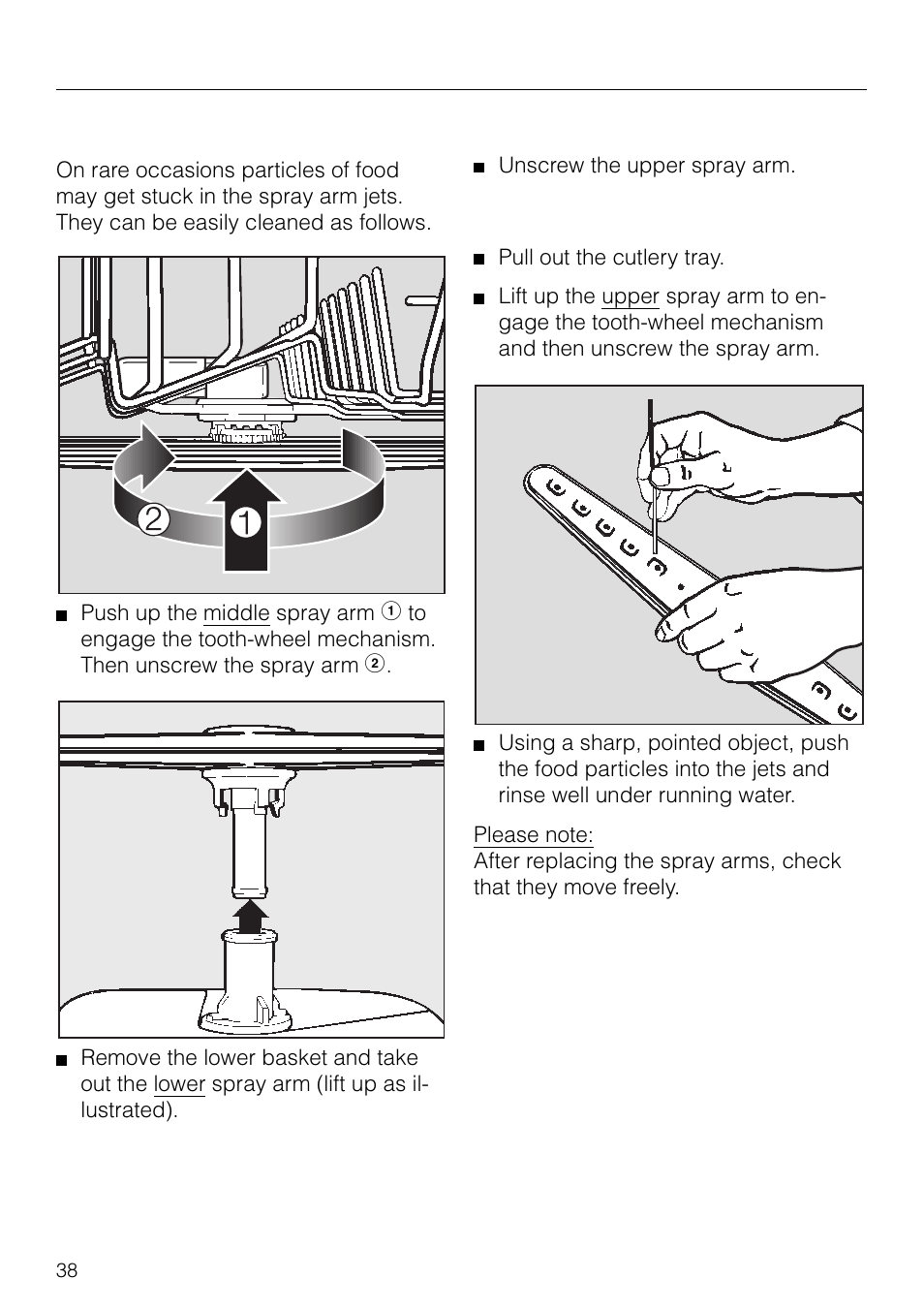 Cleaning and care, Cleaning the spray arms | Miele G 879 SCVI User Manual | Page 38 / 76