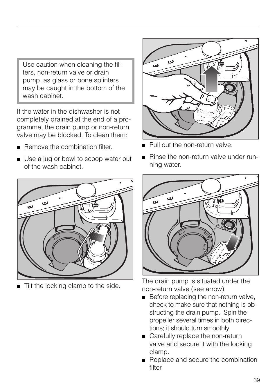 Cleaning the spray arms 38, Cleaning the spray arms, Cleaning and care | Cleaning the drain pump and non-return valve | Miele G 879 SCVI User Manual | Page 39 / 76