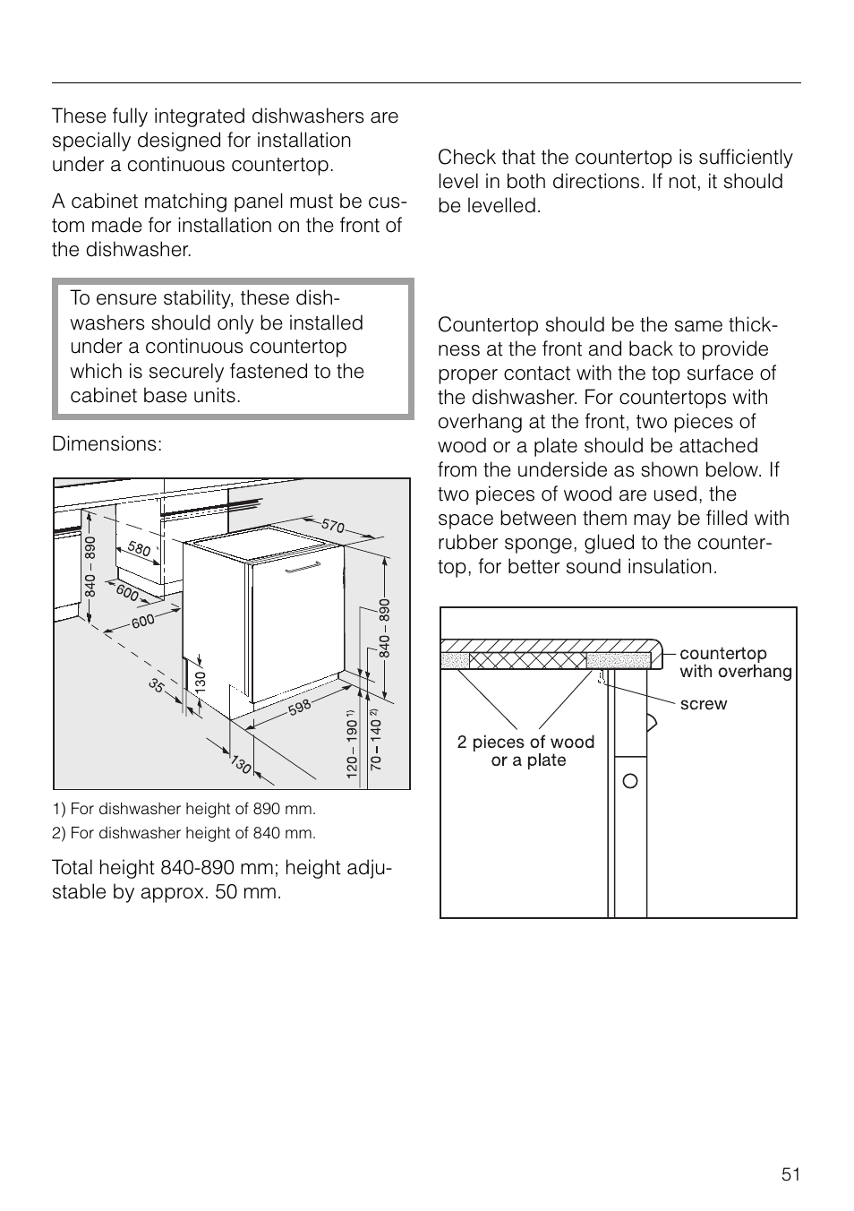 Technical data 73, Dishwasher installation, Levelling the countertop. 51 | For countertops with overhang. 51, Technical data, Levelling the countertop, For countertops with overhang | Miele G 879 SCVI User Manual | Page 51 / 76