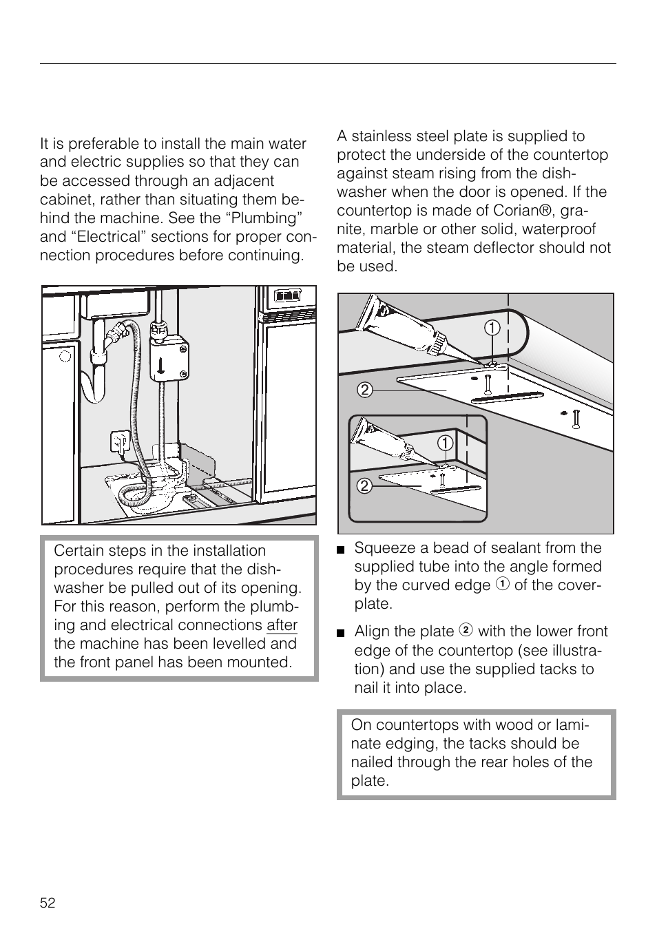 Installing the dishwasher under the countertop. 52, Installing the steam deflector 52, Installing the dishwasher under the countertop | Installing the steam deflector, Dishwasher installation | Miele G 879 SCVI User Manual | Page 52 / 76