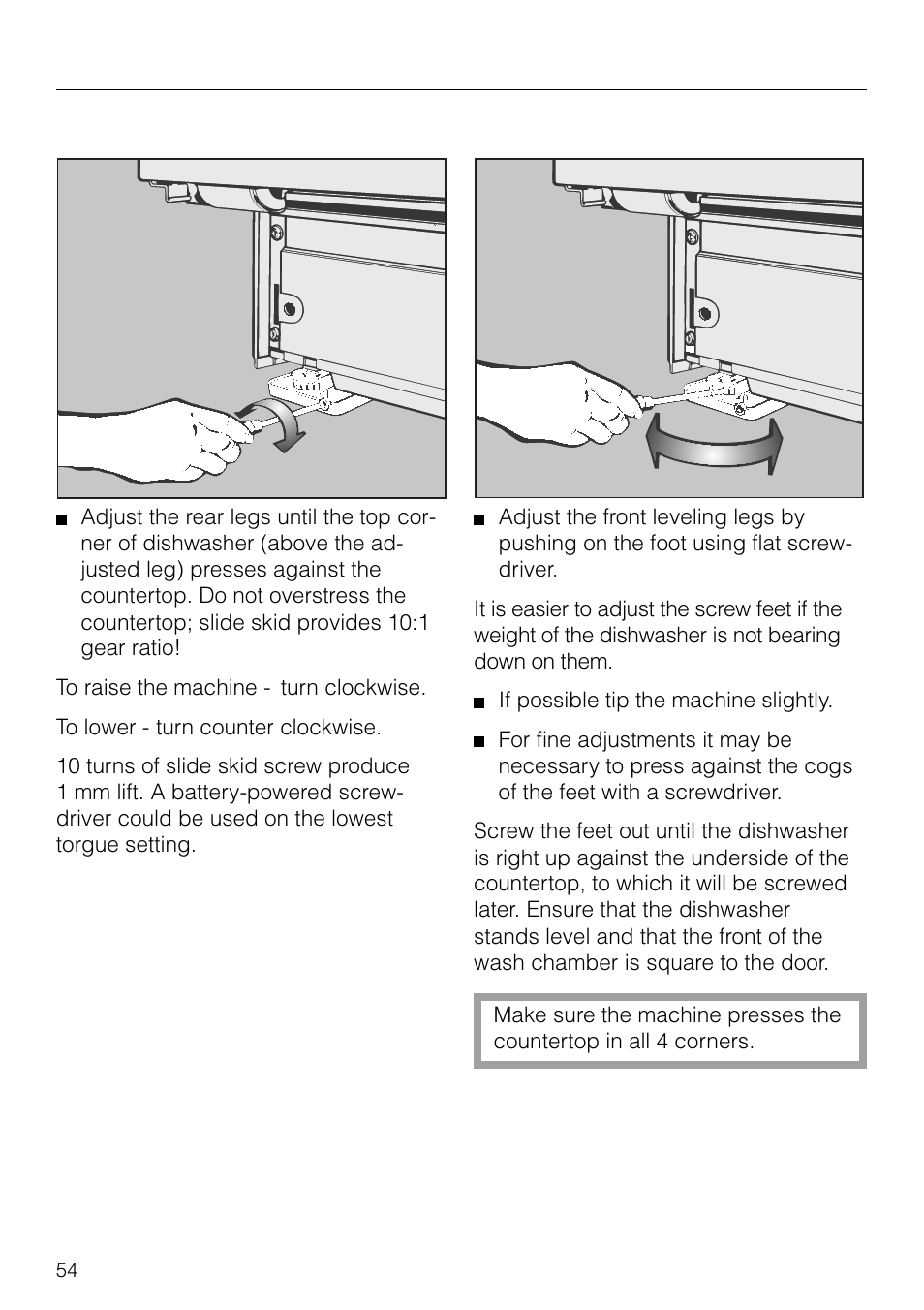 Adjusting legs. 54, Adjusting legs, Dishwasher installation | Miele G 879 SCVI User Manual | Page 54 / 76