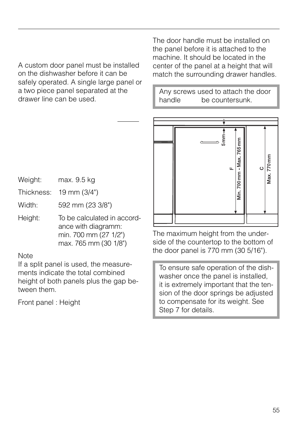 Installing the custom door panel. 55, Installing the custom door panel, Dishwasher installation | Miele G 879 SCVI User Manual | Page 55 / 76