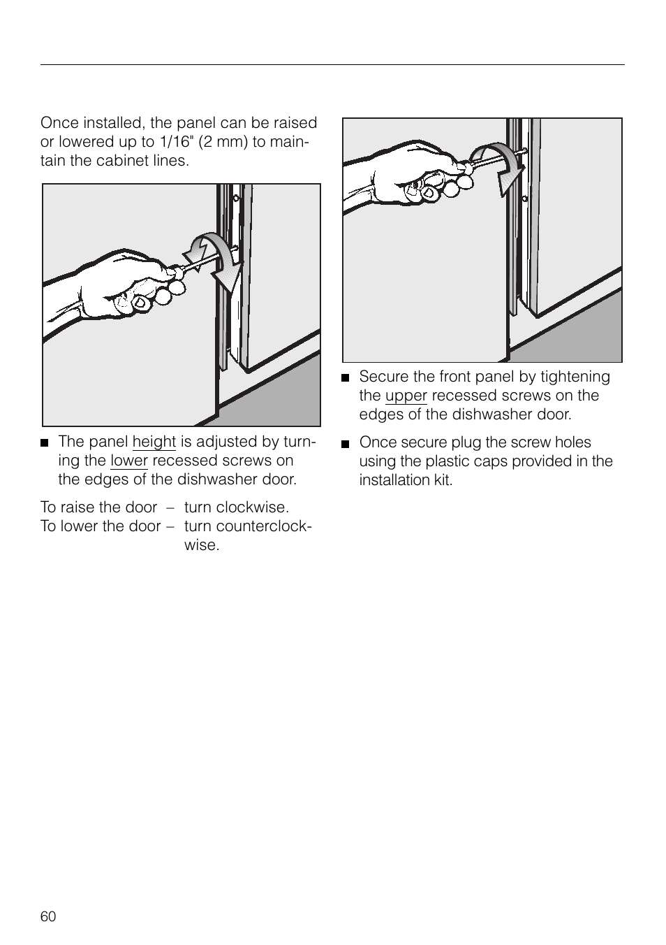 Adjusting the panel 60, Securing the front panel. 60, Adjusting the panel 6. securing the front panel | Dishwasher installation | Miele G 879 SCVI User Manual | Page 60 / 76
