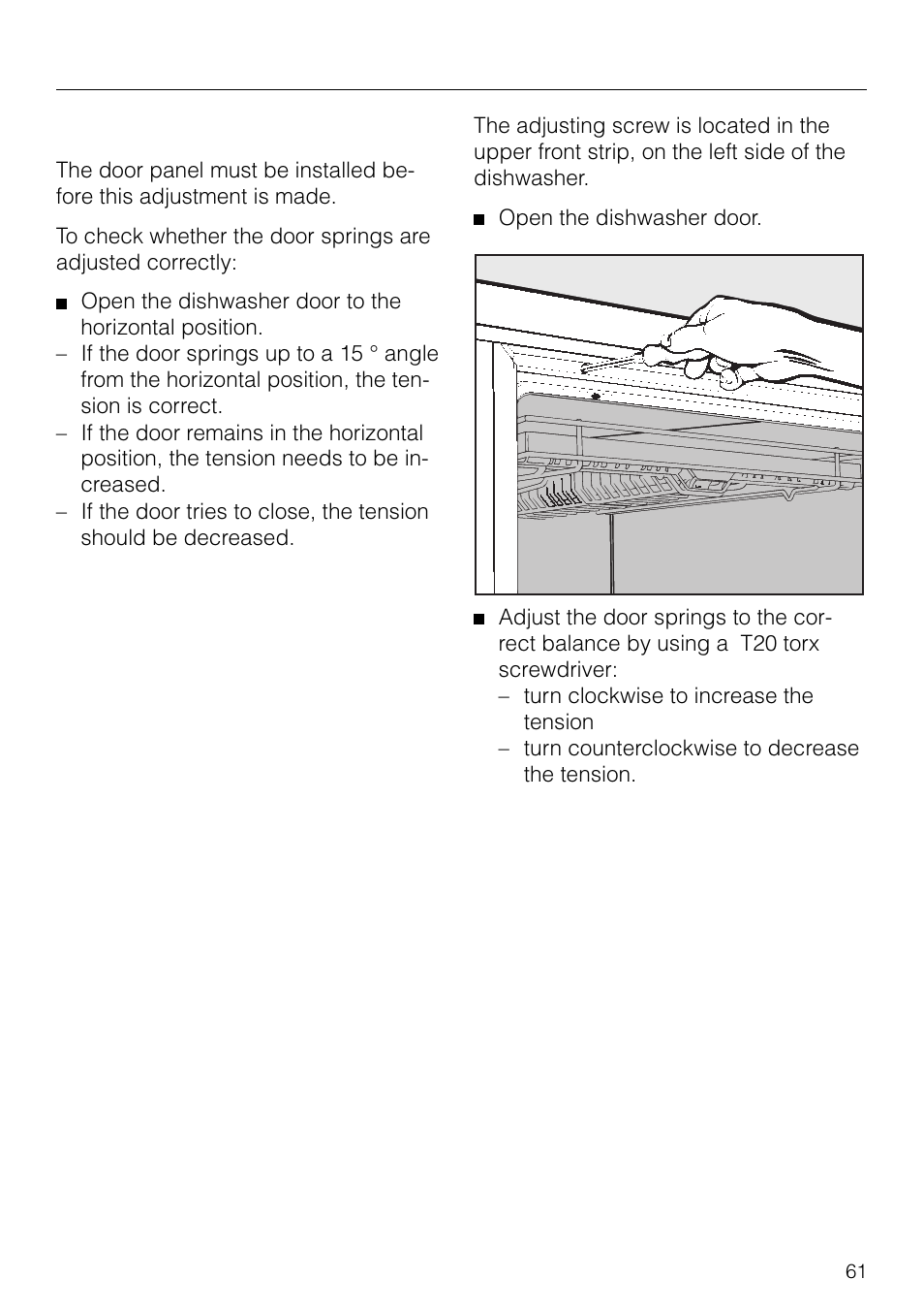 Adjusting the door springs. 61, Adjusting the door springs, Dishwasher installation | Miele G 879 SCVI User Manual | Page 61 / 76