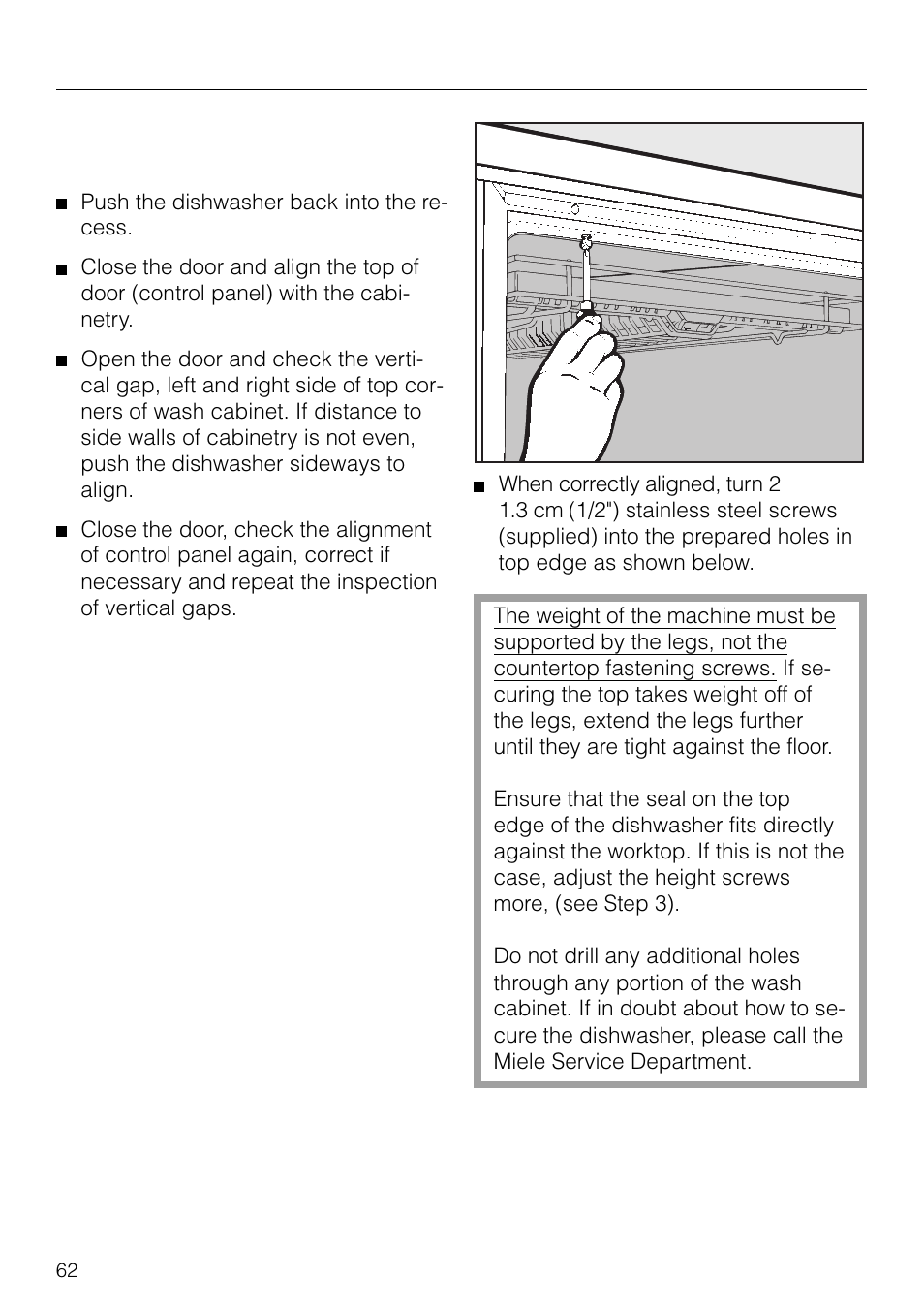 Securing the dishwasher to the countertop. 62, Securing the dishwasher to the countertop, Dishwasher installation | Miele G 879 SCVI User Manual | Page 62 / 76