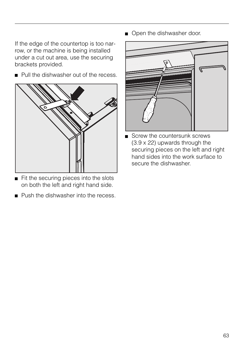 Special situations 63, Final adjustments 65, Special situations | Dishwasher installation | Miele G 879 SCVI User Manual | Page 63 / 76