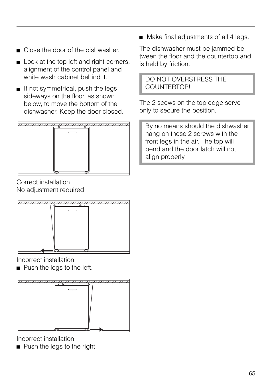 Dishwasher installation, Final adjustments | Miele G 879 SCVI User Manual | Page 65 / 76