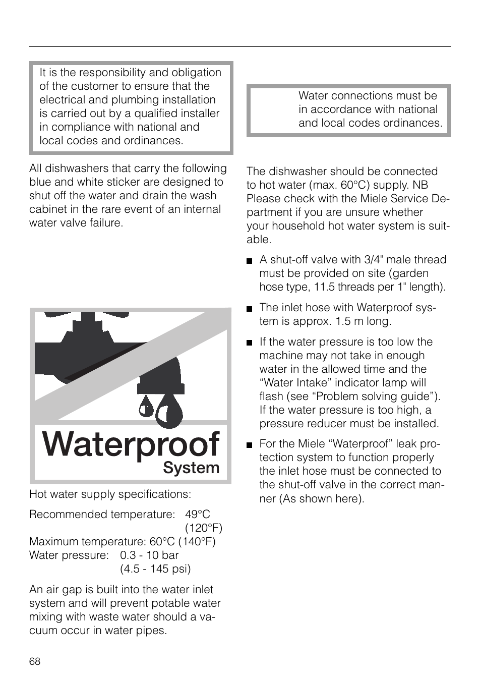 Plumbing 68, Technical data 73, Plumbing | Water connection | Miele G 879 SCVI User Manual | Page 68 / 76