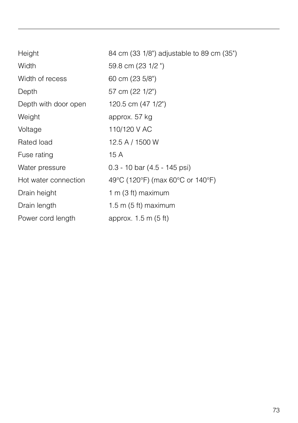 Technical data | Miele G 879 SCVI User Manual | Page 73 / 76