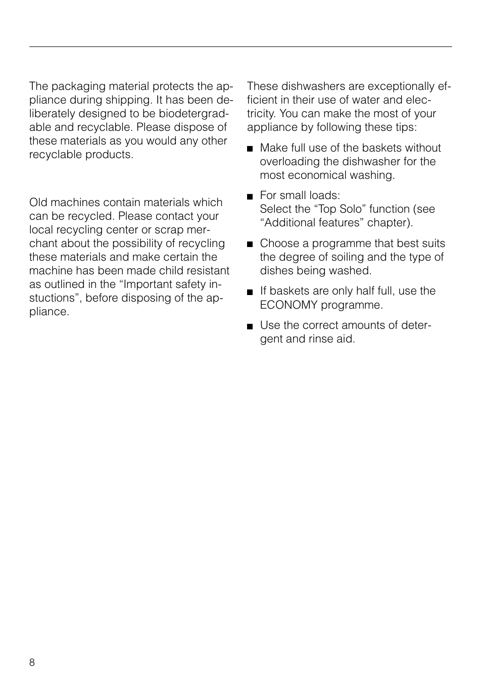 Caring for the environment 8, Caring for the environment | Miele G 879 SCVI User Manual | Page 8 / 76
