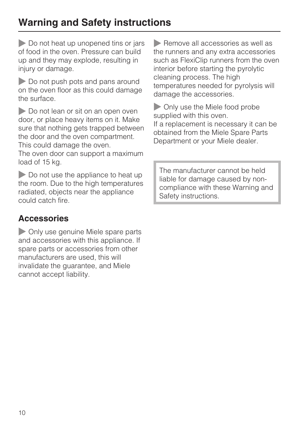Warning and safety instructions | Miele H 5981 BP User Manual | Page 10 / 88