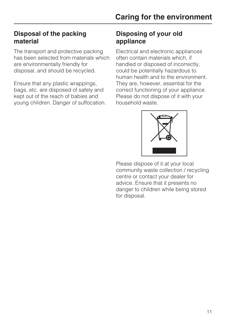 Caring for the environment 11, Caring for the environment | Miele H 5981 BP User Manual | Page 11 / 88