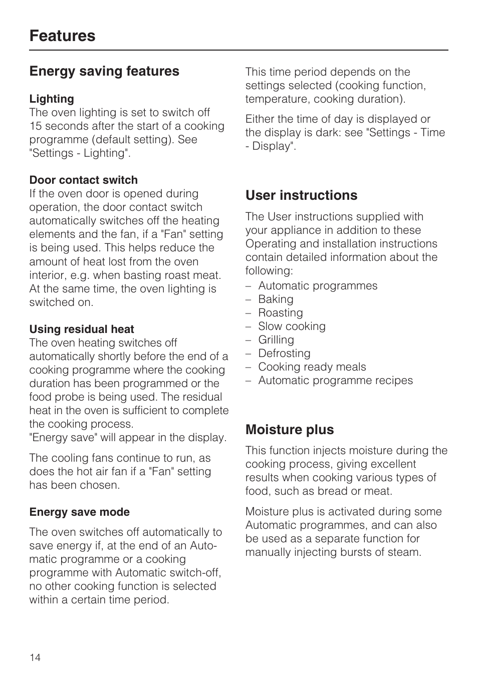 Energy saving features 14, User instructions 14, Moisture plus 14 | Features, Energy saving features, User instructions, Moisture plus | Miele H 5981 BP User Manual | Page 14 / 88