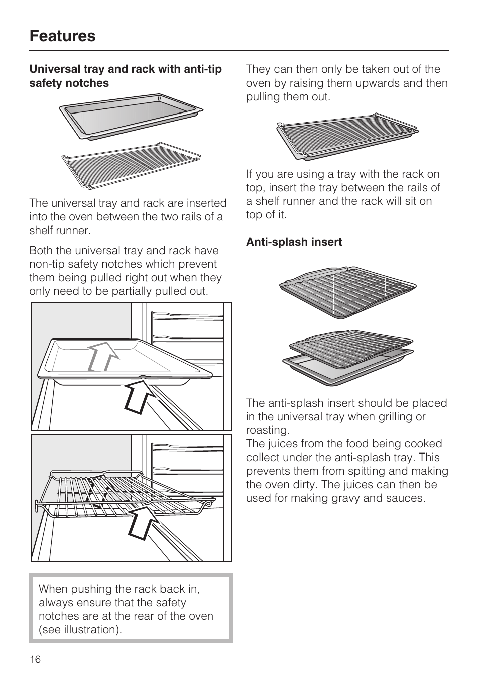 Anti-splash insert 16, Features | Miele H 5981 BP User Manual | Page 16 / 88