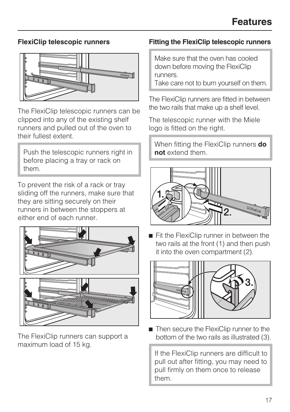 Flexiclip telescopic runners 17, Fitting the flexiclip telescopic runners 17, Features | Miele H 5981 BP User Manual | Page 17 / 88