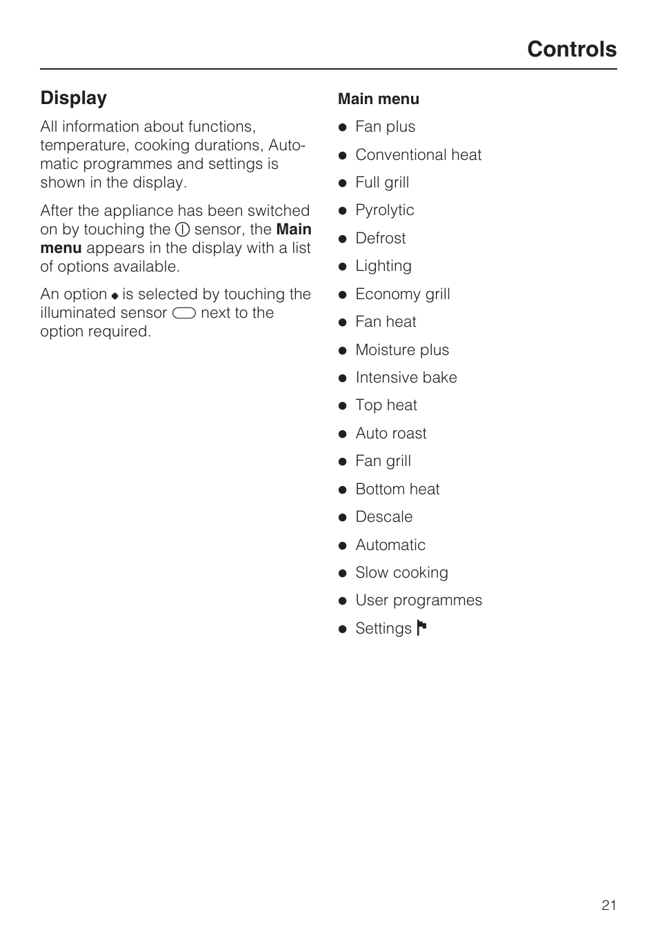 Display 21, Main menu 21, Controls | Display | Miele H 5981 BP User Manual | Page 21 / 88