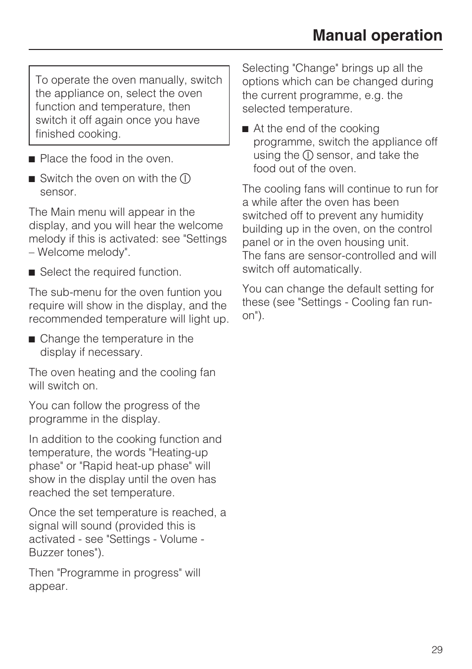 Manual operation 29, Manual operation | Miele H 5981 BP User Manual | Page 29 / 88