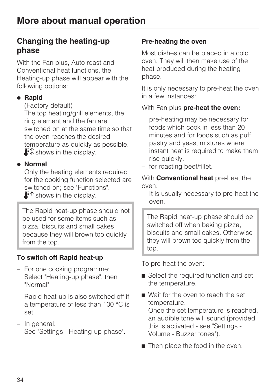 Changing the heating-up phase 34, Pre-heating the oven 34, More about manual operation | Changing the heating-up phase | Miele H 5981 BP User Manual | Page 34 / 88