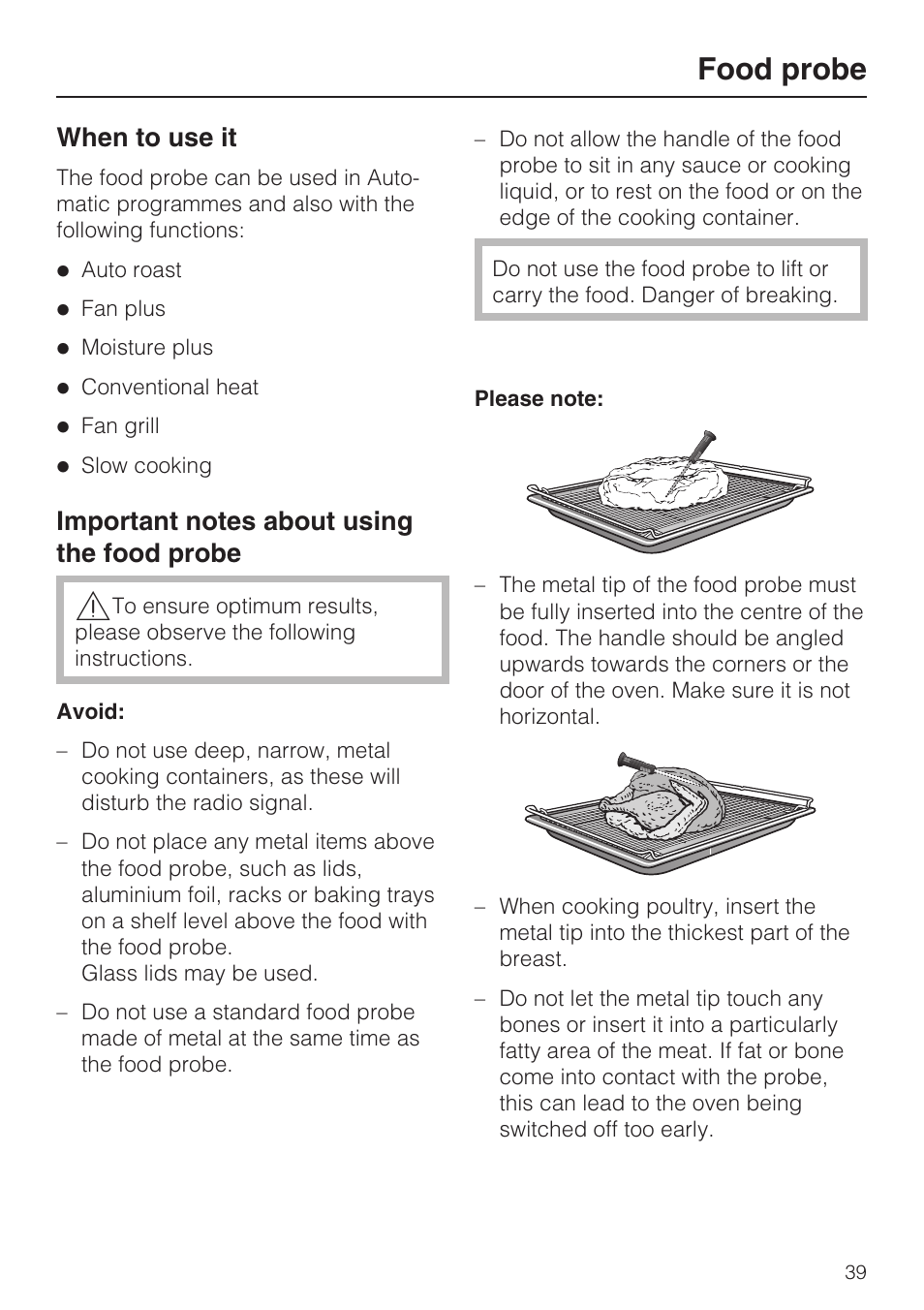 When to use it 39, Important notes about using the food probe 39, Food probe | When to use it | Miele H 5981 BP User Manual | Page 39 / 88