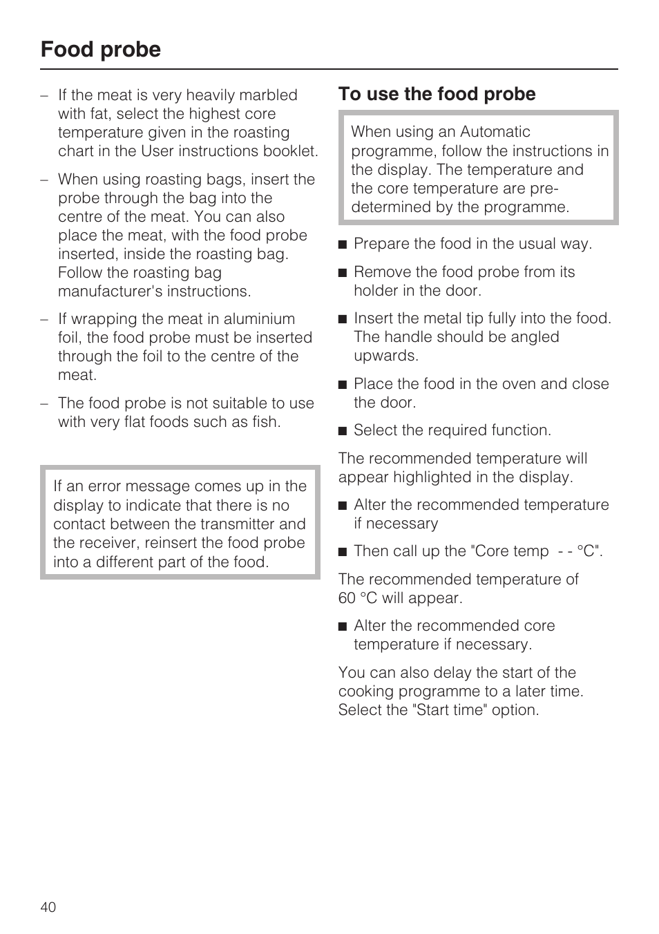 To use the food probe 40, Food probe | Miele H 5981 BP User Manual | Page 40 / 88