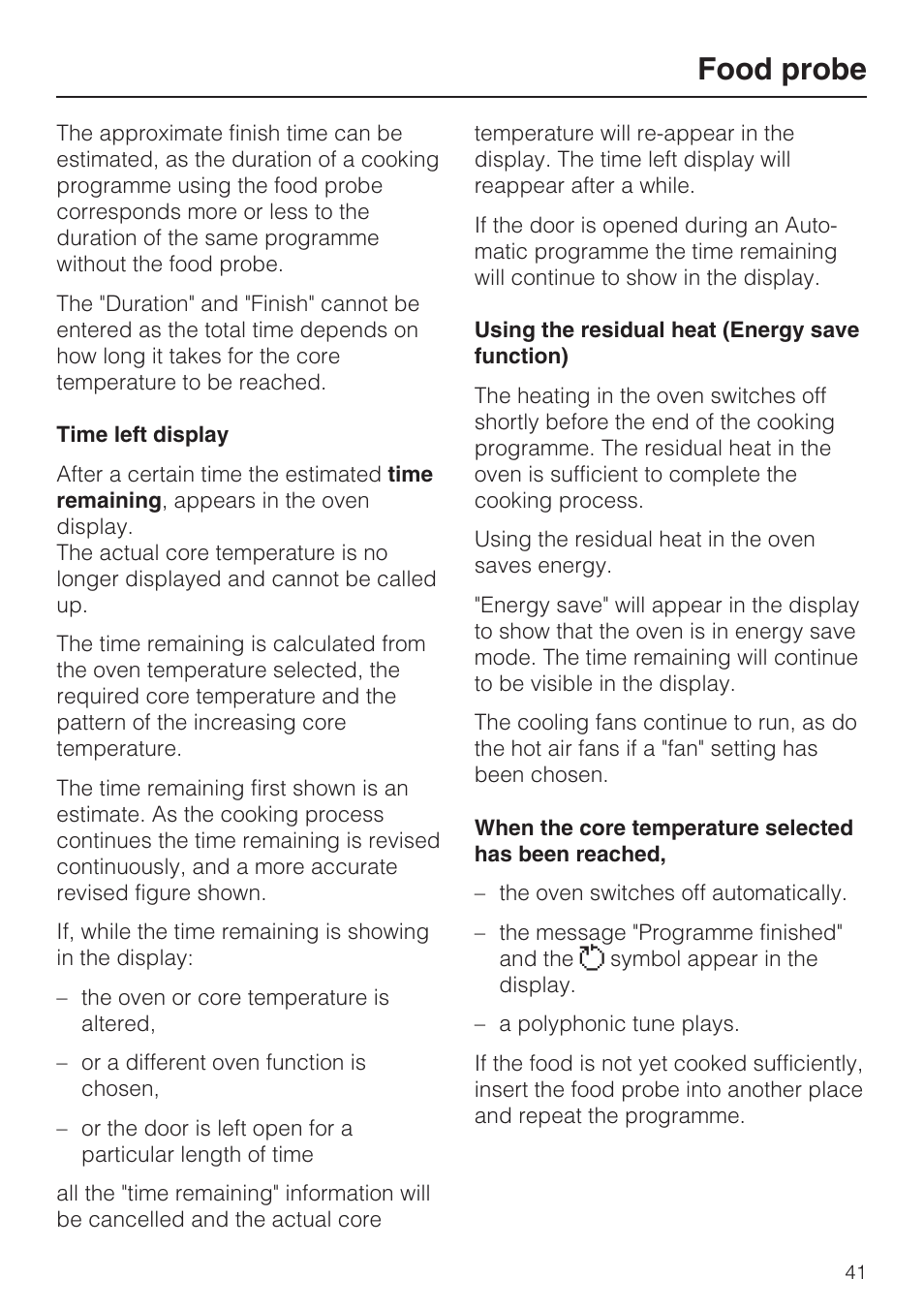 Time left display 41, Using the residual heat (energy save function) 41, Food probe | Miele H 5981 BP User Manual | Page 41 / 88