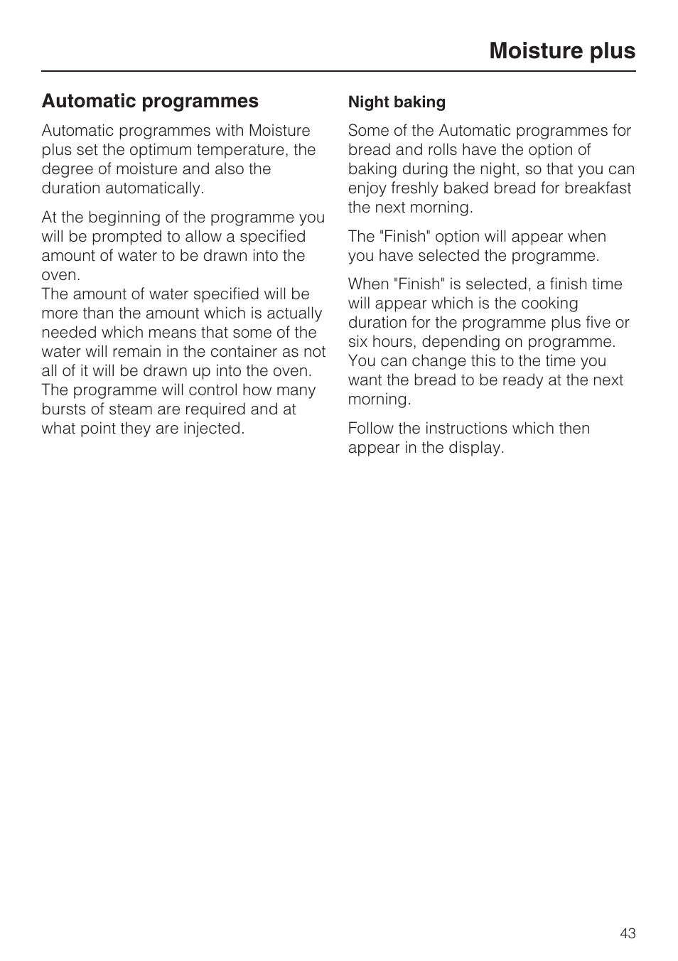 Automatic programmes 43, Night baking 43, Moisture plus | Automatic programmes | Miele H 5981 BP User Manual | Page 43 / 88