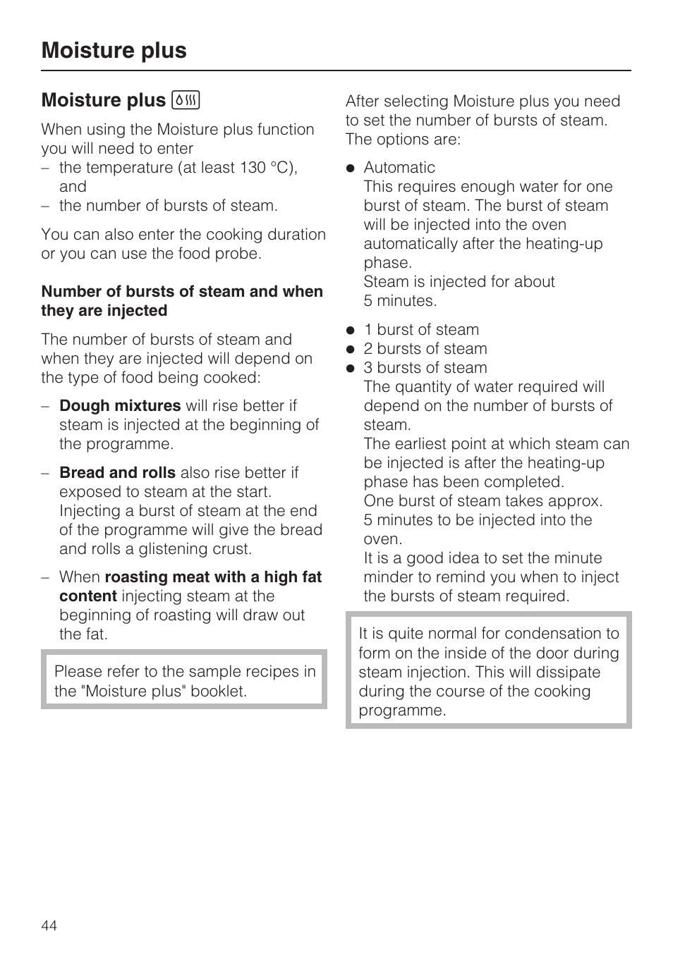 Moisture plus d 44, Moisture plus, Moisture plus d | Miele H 5981 BP User Manual | Page 44 / 88