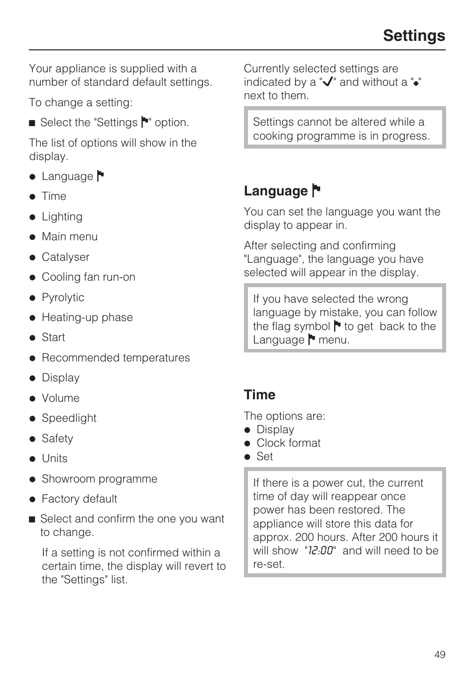 Settings 49, Language j 49, Time 49 | Settings, Language j, Time | Miele H 5981 BP User Manual | Page 49 / 88