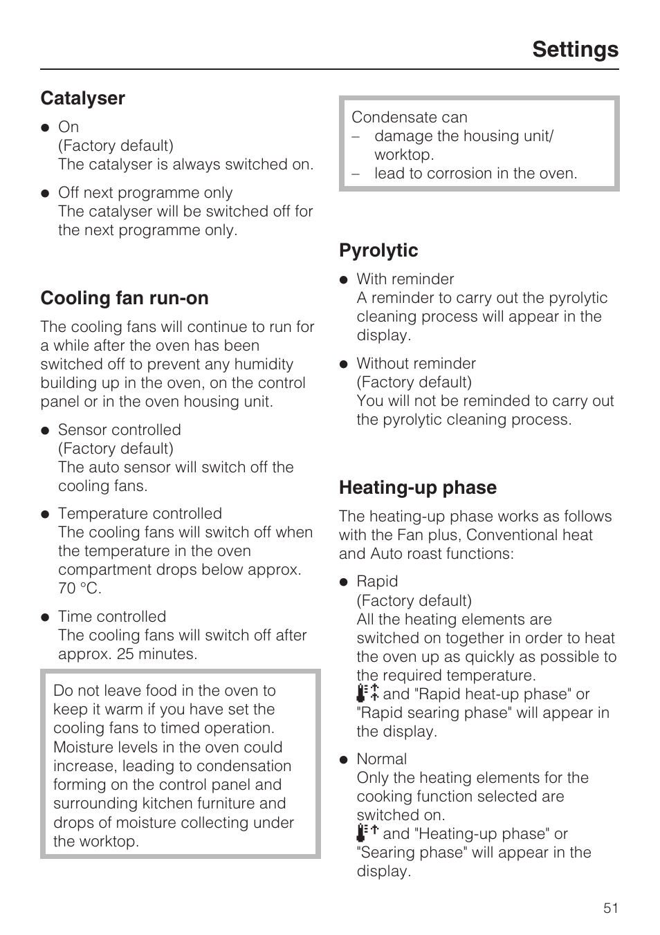 Catalyser 51, Cooling fan run-on 51, Pyrolytic 51 | Heating-up phase 51, Settings, Catalyser, Cooling fan run-on, Pyrolytic, Heating-up phase | Miele H 5981 BP User Manual | Page 51 / 88