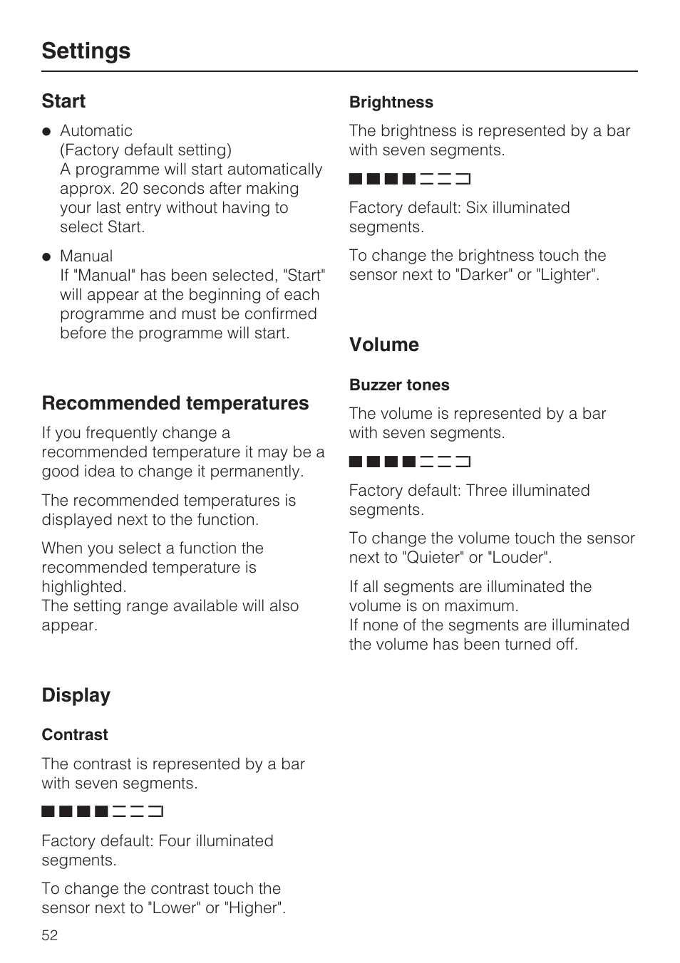 Start 52, Recommended temperatures 52, Display 52 | Contrast 52, Brightness 52, Volume 52, Buzzer tones 52, Settings, Start, Recommended temperatures | Miele H 5981 BP User Manual | Page 52 / 88