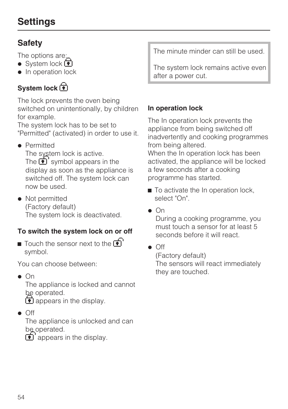 Safety 54, System lock 0 54, In operation lock 54 | Settings, Safety | Miele H 5981 BP User Manual | Page 54 / 88