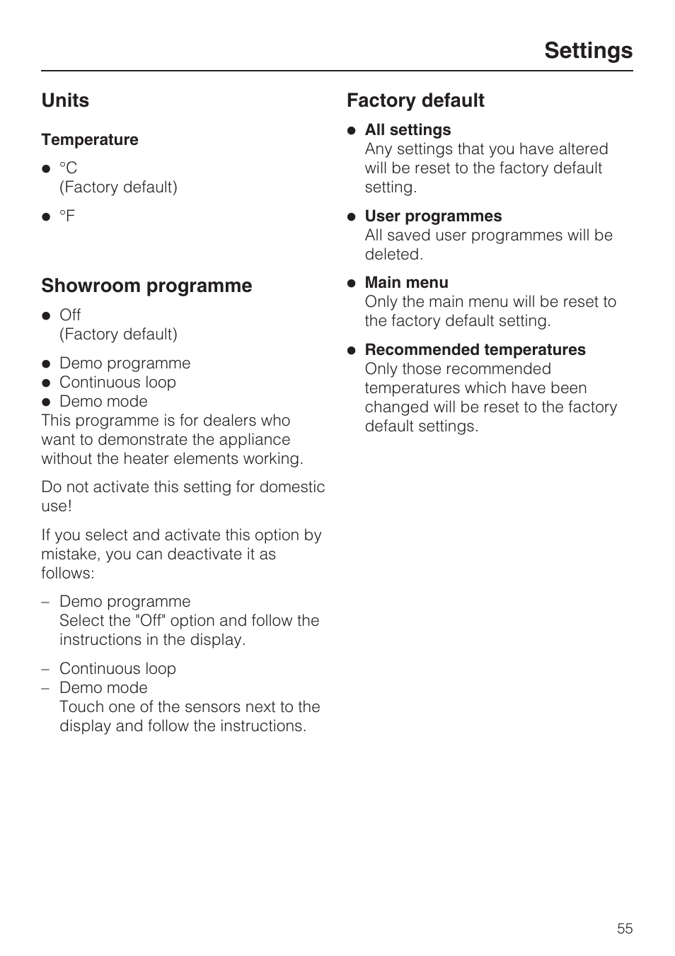 Units 55, Temperature 55, Showroom programme 55 | Factory default 55, Settings, Units, Showroom programme, Factory default | Miele H 5981 BP User Manual | Page 55 / 88