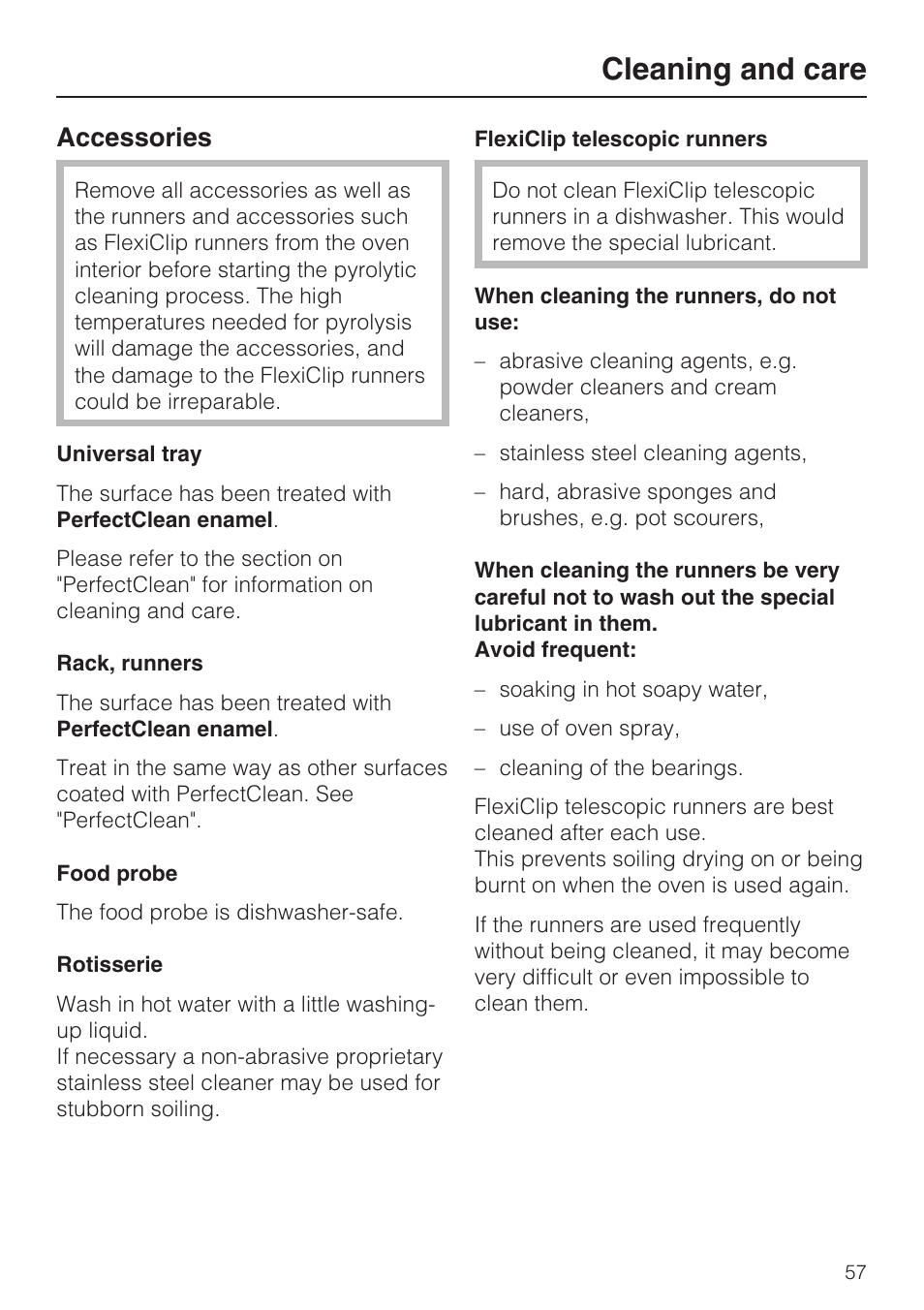 Accessories 57, Cleaning and care, Accessories | Miele H 5981 BP User Manual | Page 57 / 88