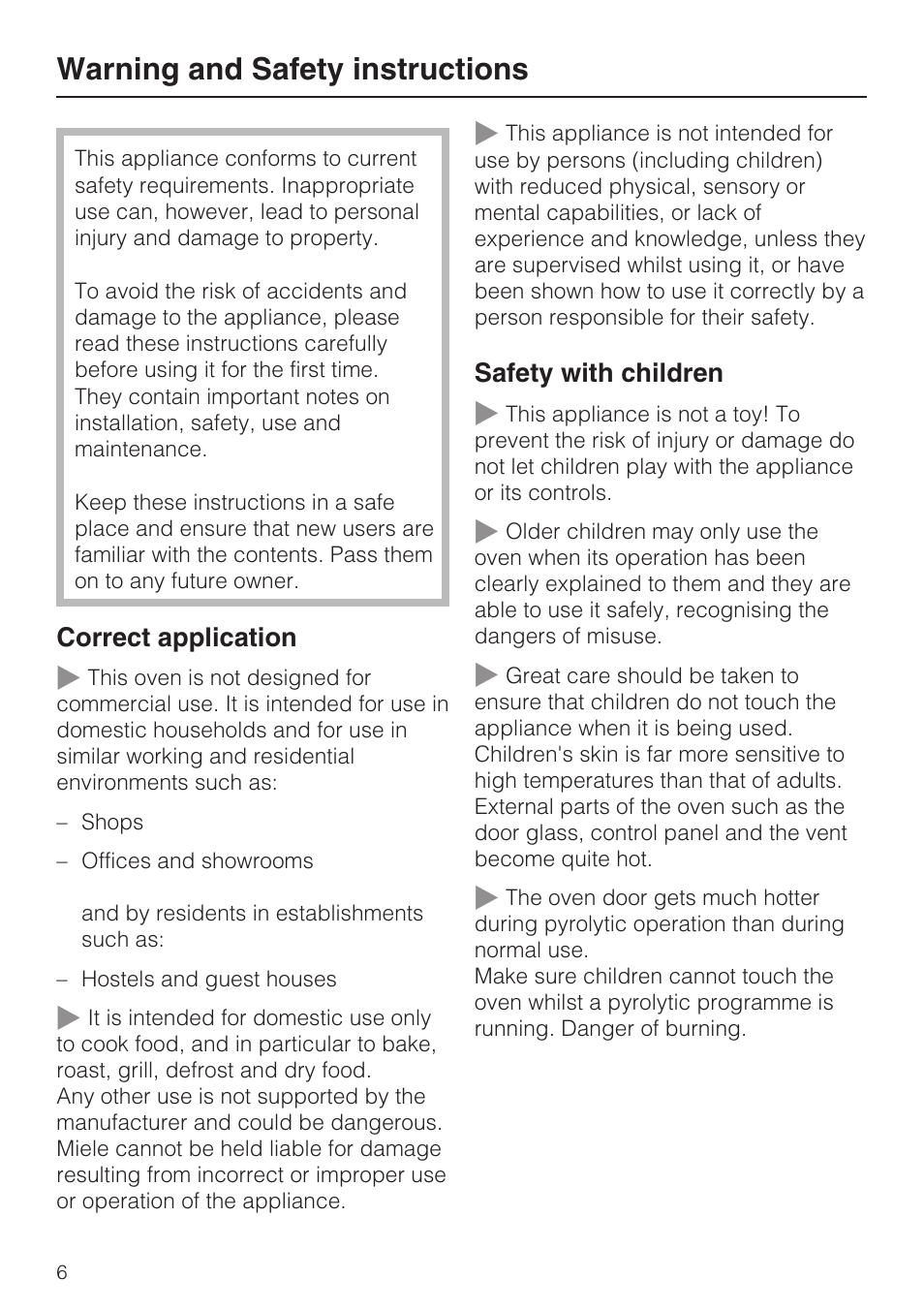 Warning and safety instructions 6, Warning and safety instructions | Miele H 5981 BP User Manual | Page 6 / 88