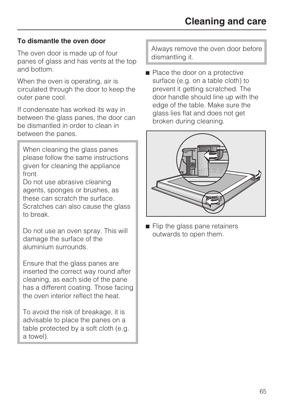 To dismantle the oven door 65, Cleaning and care | Miele H 5981 BP User Manual | Page 65 / 88