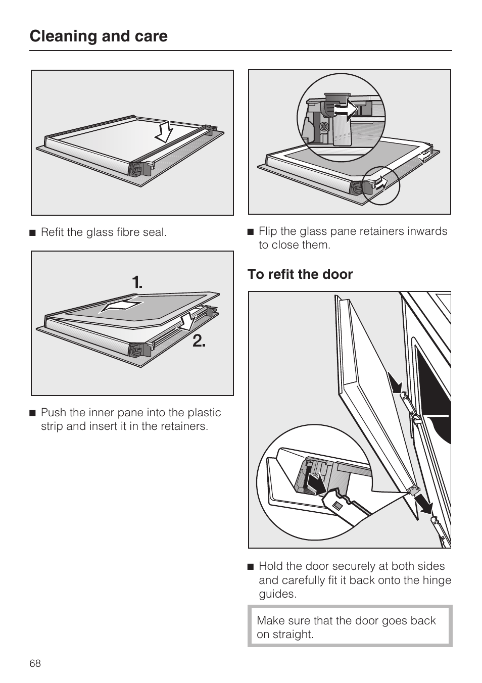 To refit the door 68, Cleaning and care | Miele H 5981 BP User Manual | Page 68 / 88