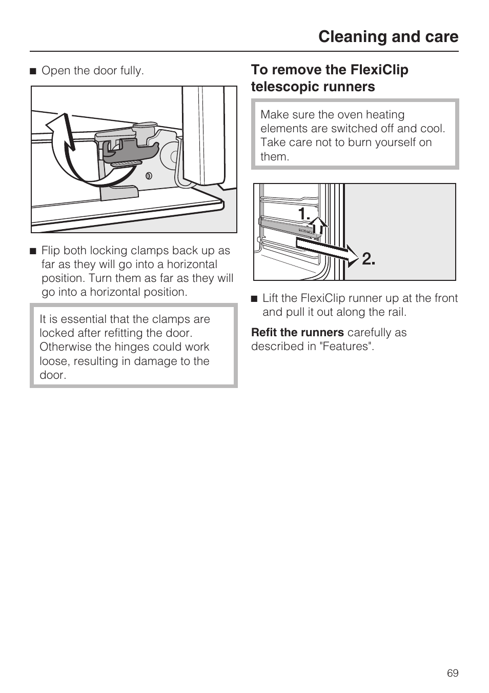 To remove the flexiclip telescopic runners 69, Cleaning and care | Miele H 5981 BP User Manual | Page 69 / 88