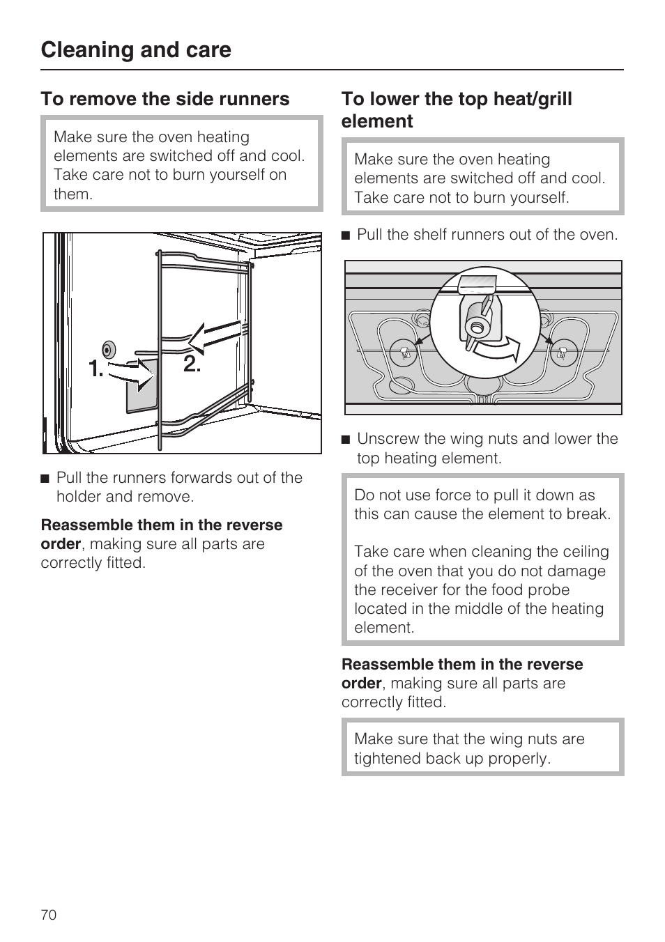 To remove the side runners 70, To lower the top heat/grill element 70, Cleaning and care | Miele H 5981 BP User Manual | Page 70 / 88