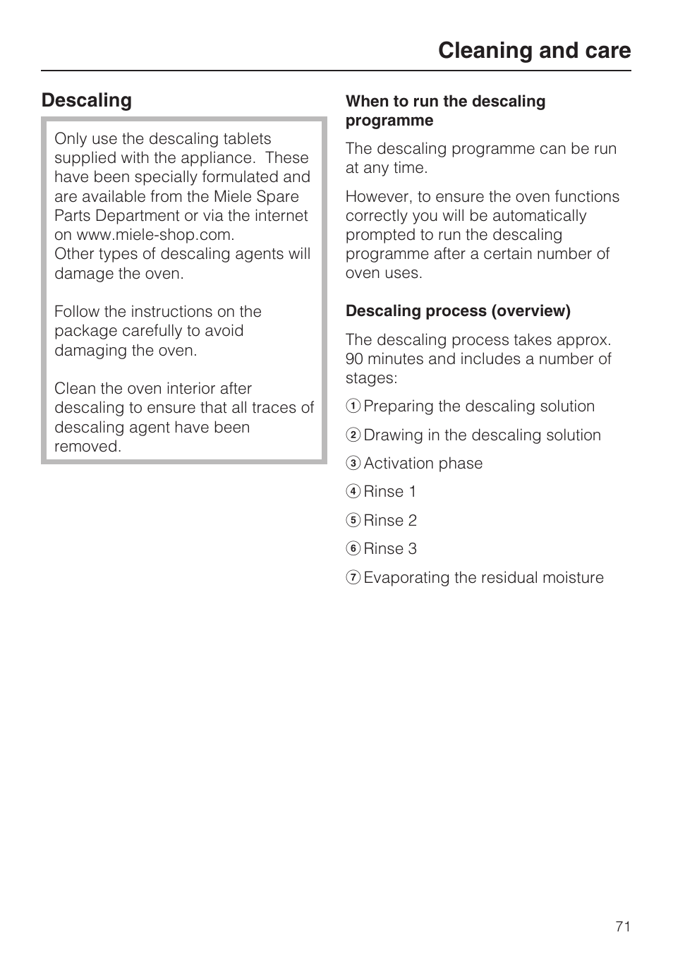 Descaling 71, When to run the descaling programme 71, Descaling process (overview) 71 | Cleaning and care, Descaling | Miele H 5981 BP User Manual | Page 71 / 88