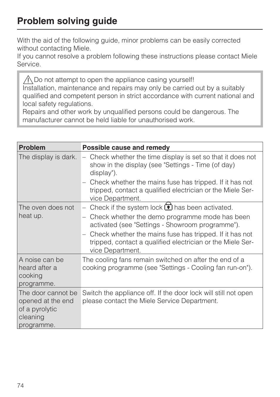 Problem solving guide 74, Problem solving guide | Miele H 5981 BP User Manual | Page 74 / 88