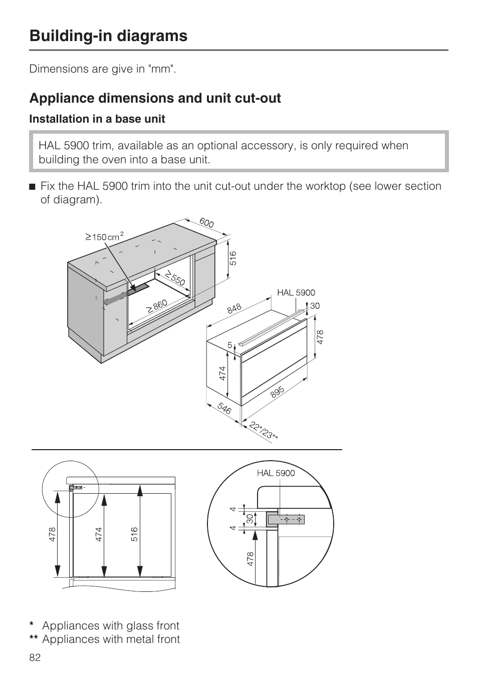 Building-in diagrams 82, Building-in diagrams, Appliance dimensions and unit cut-out | Miele H 5981 BP User Manual | Page 82 / 88