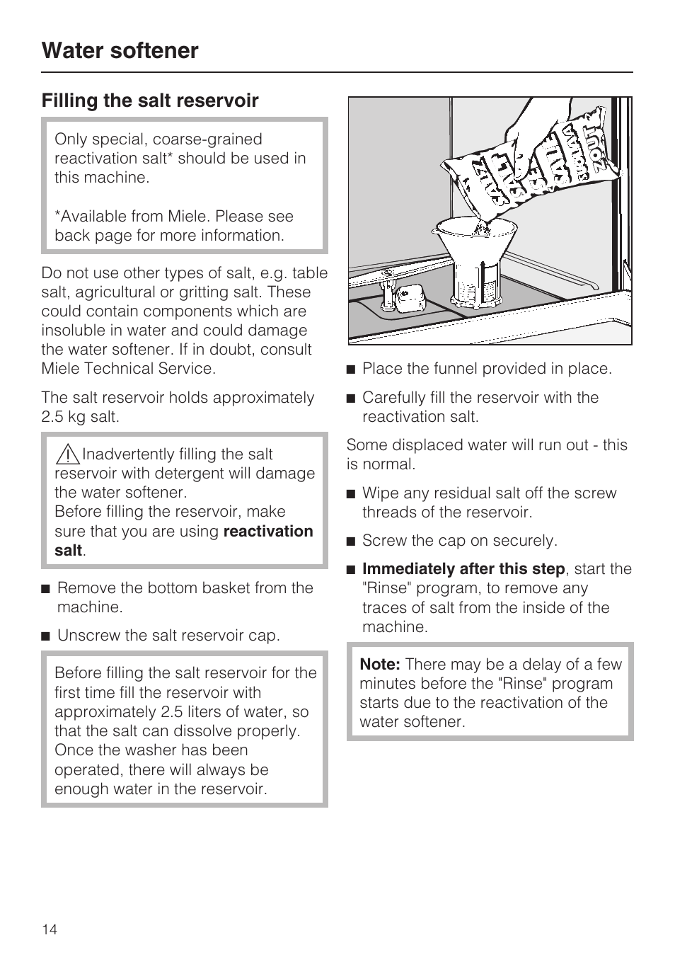 Filling the salt reservoir 14, Water softener, Filling the salt reservoir | Miele G 7893 User Manual | Page 14 / 76