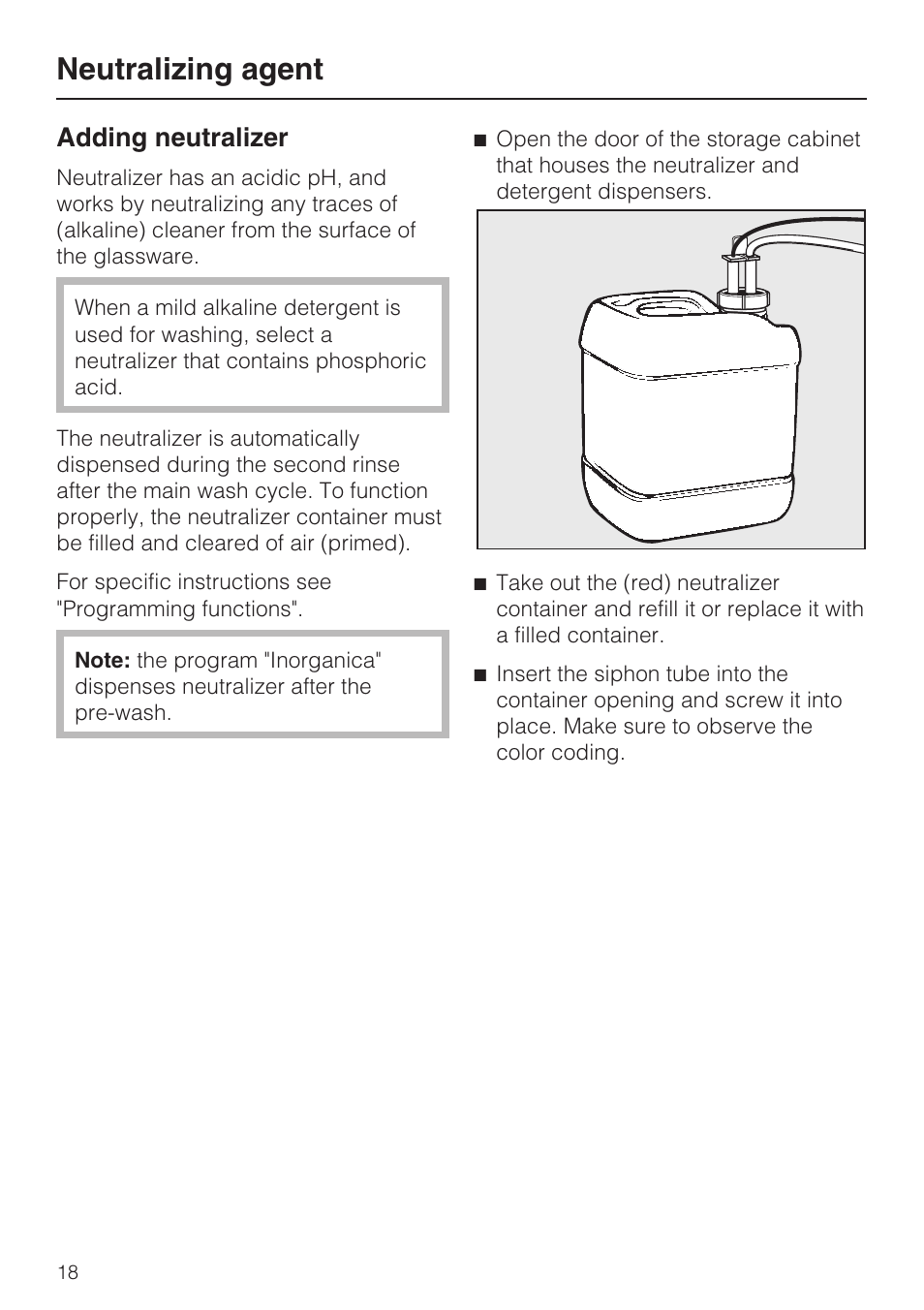 Neutralizing agent 18, Adding neutralizer 18, Neutralizing agent | Adding neutralizer | Miele G 7893 User Manual | Page 18 / 76