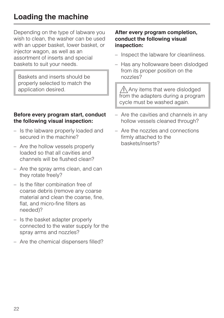 Loading the machine 22, Loading the machine | Miele G 7893 User Manual | Page 22 / 76