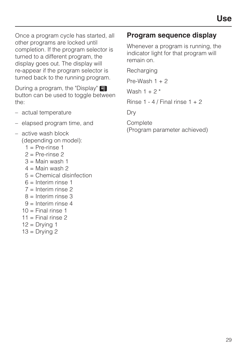 Program sequence display 29, Program sequence display | Miele G 7893 User Manual | Page 29 / 76