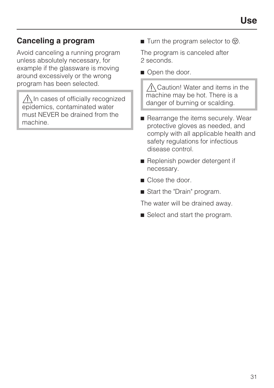 Canceling a program 31, Canceling a program | Miele G 7893 User Manual | Page 31 / 76
