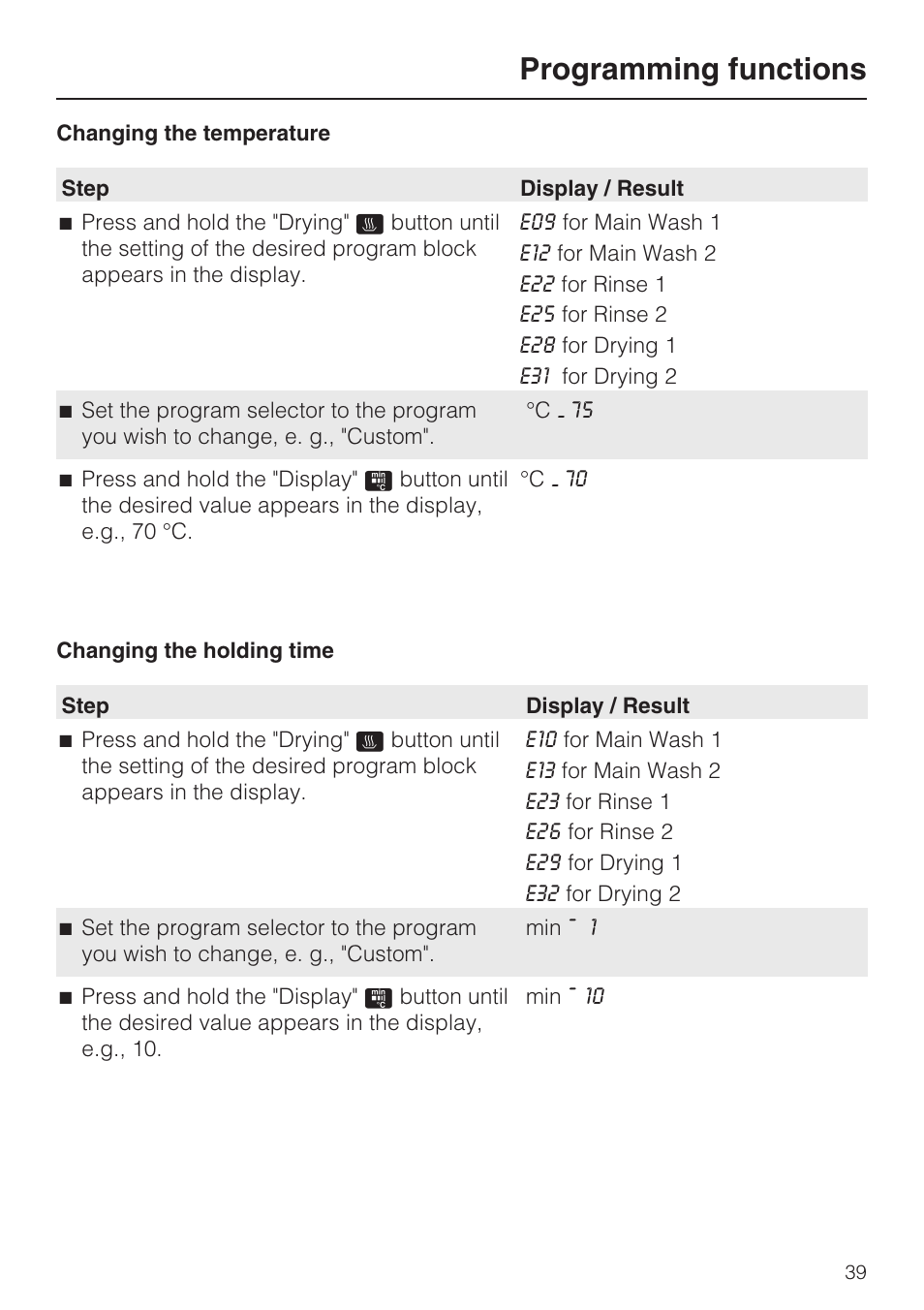 Changing the temperature 39, Changing the holding time 39, Programming functions | Miele G 7893 User Manual | Page 39 / 76